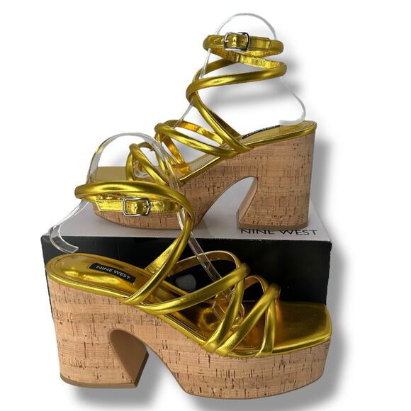 NEW Nine West Strappy Gold Platform Heels Size 10 Square Toe Retro Ankle Wrap - Picture 1 of 12